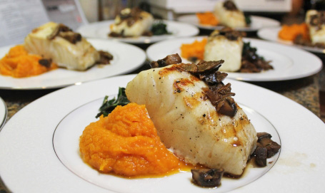 Seabass with Mushroom Sauce, Butternut Squash Puree and Sauteed Spinach