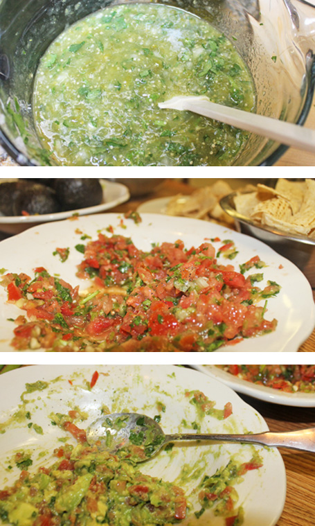 Freshly made sauces: Tomatillo, Tomato Salsa and Guacamole to feed the hungry troops.