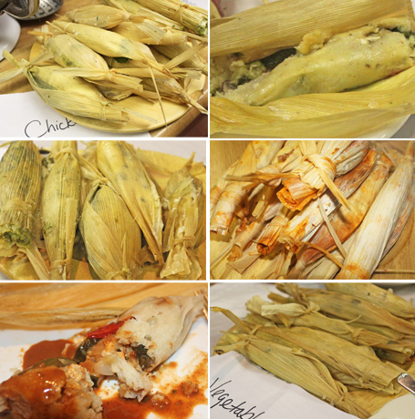 L to R: Chicken Tamales before steaming, Vegetarian Tamales, Chicken Tamales ready to eat, Pork Tamales, Tamales with Mole Sauce, Vegetable Tamales 