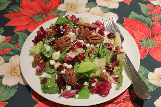 Candied Pecans top Red and Green Salad
