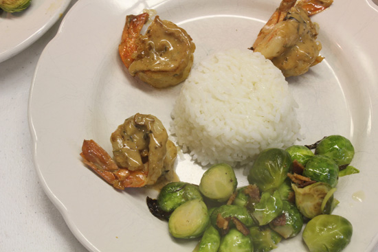 Braised Brussel Sprouts with Bacon side up with Glazed Butterfly Shrimp