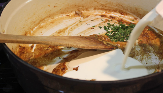 Deglaze the pan with the Southern Comfort and then add cream. 
