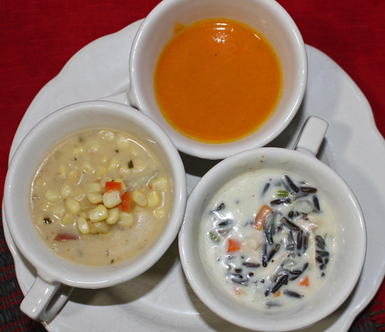 (L to R) Carrot Ginger Soup, Creamy Wild Rice Soup, Corn Chowder