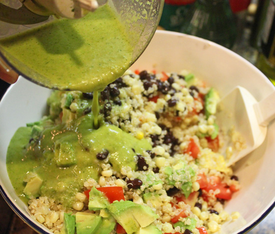 Pour the Vinaigrette over the quinoa, corn, black bean and avocado mixture. 