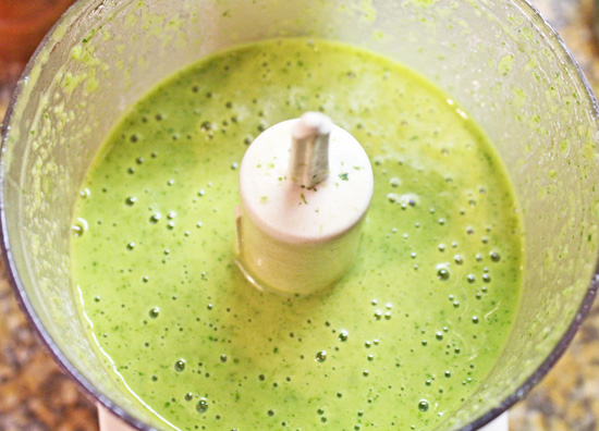 The vinaigrette can be made in the food processor and will have this pretty green color. 