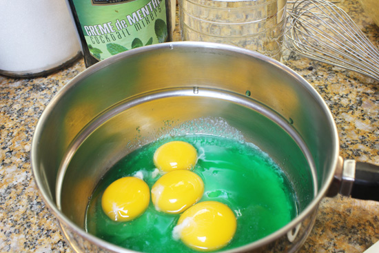 Pretty green crème de menthe against the yellow eggs are the base of the custard. 